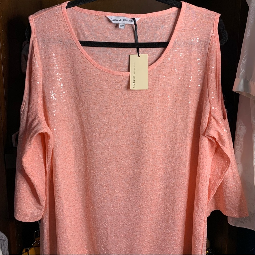 Pink Sequined Cold Shoulder Top